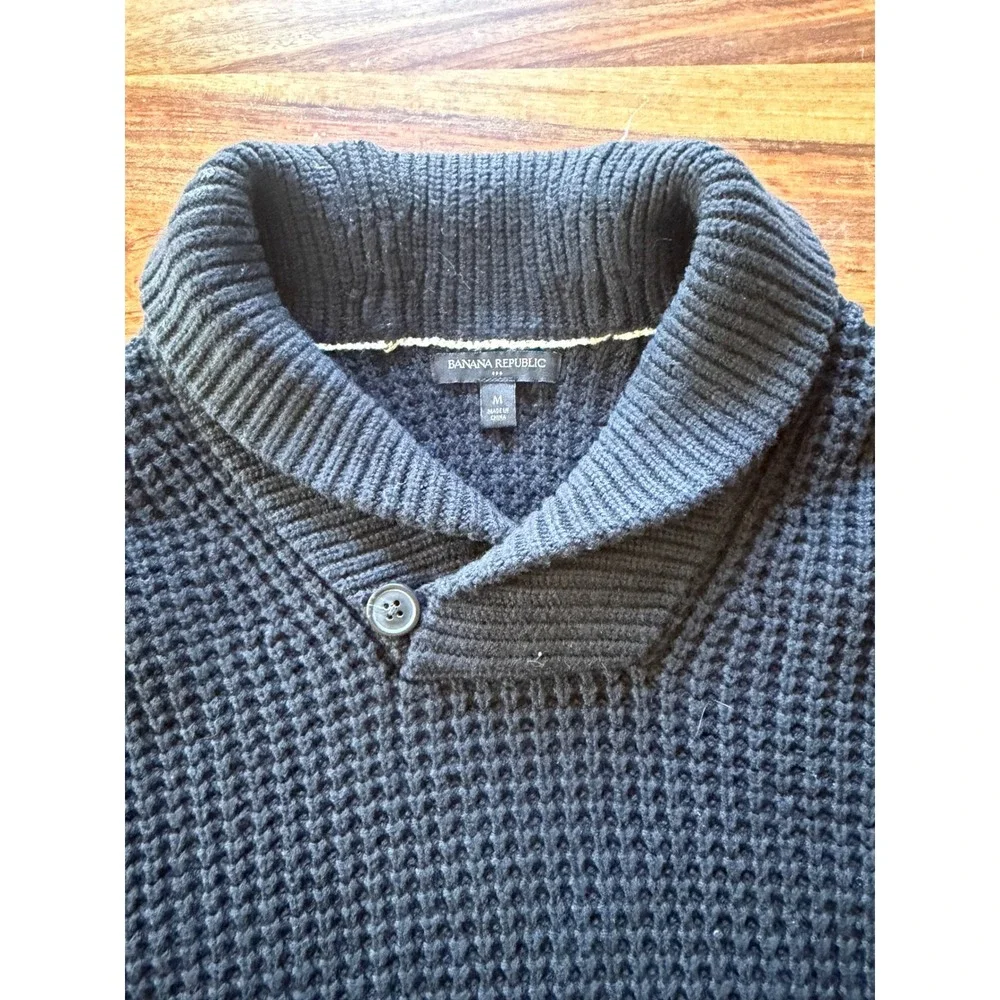 Banana‎ Republic Mens NavyWaffle Knit Shawl Collar Button Sweater Medium FA23